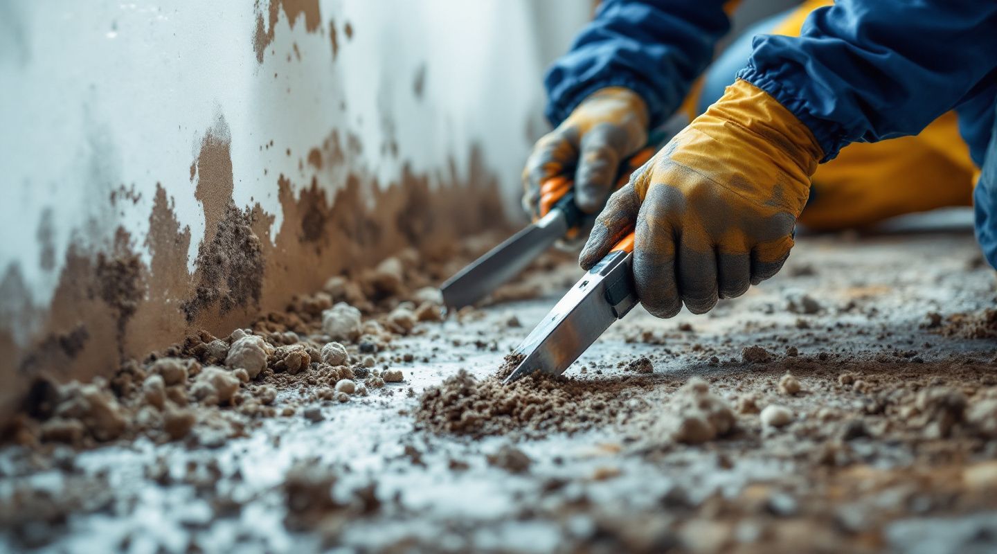 Close-up of a technician examining a wall for mold, with a cost estimate clipboard in the foreground