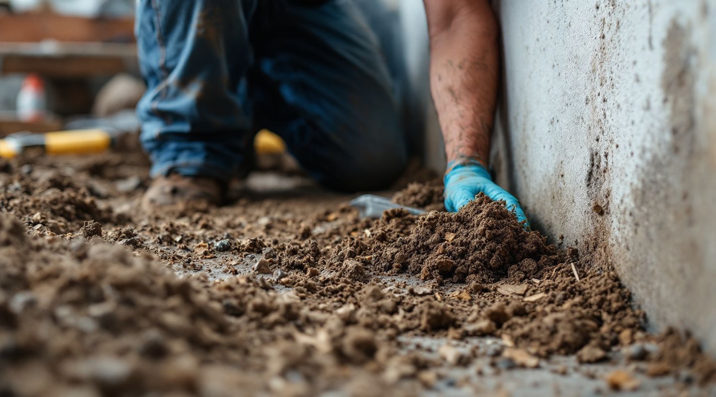 Certified mold remediation technician inspecting a crawl space for mold growth