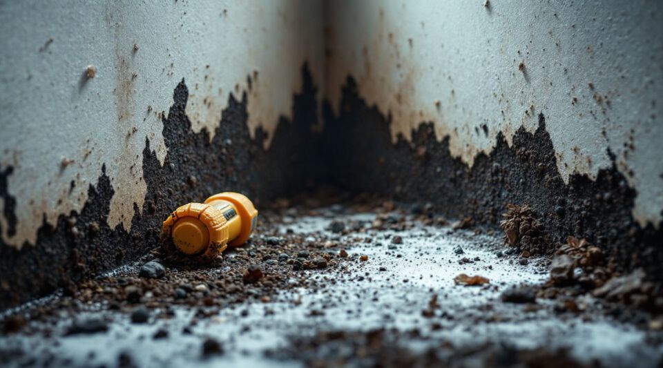 Professional technicians in hazmat suits inspecting black mold growth on a wall