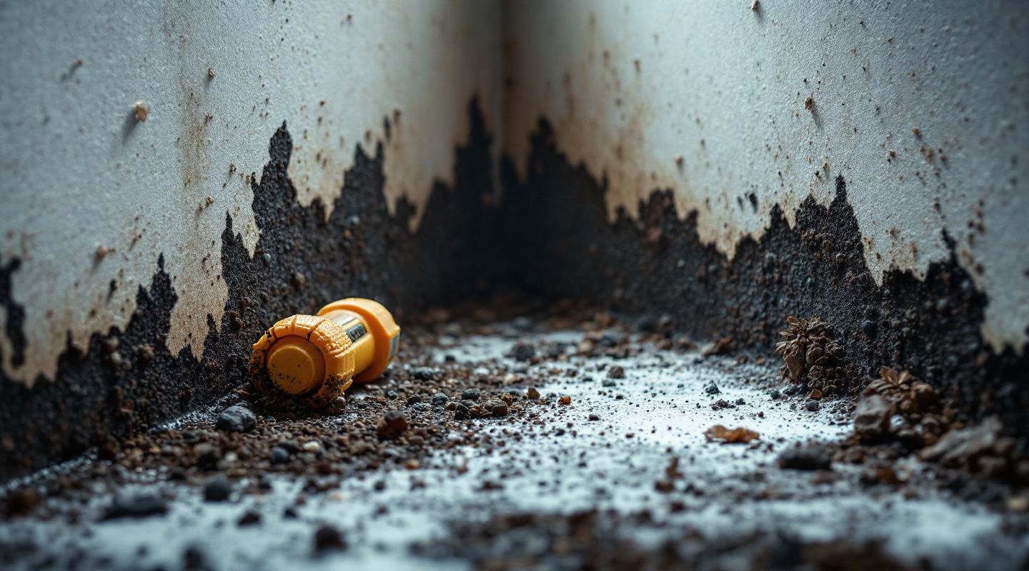 Professional technicians in hazmat suits inspecting black mold growth on a wall