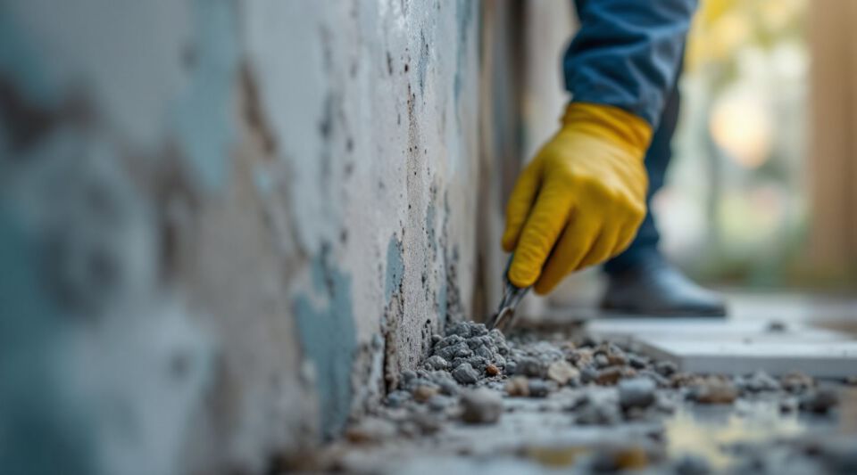 Certified mold remediation technicians inspecting a wall for mold growth in an Austin home
