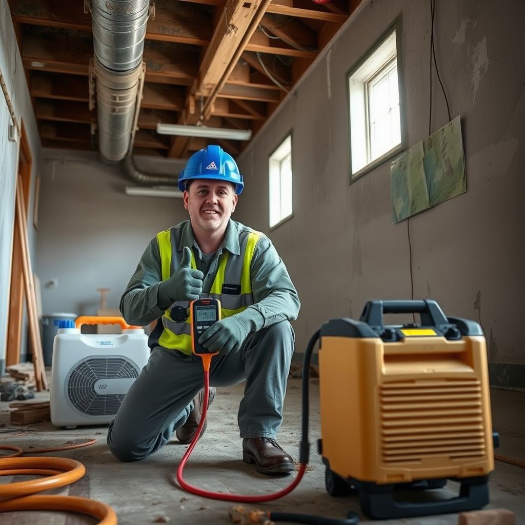 A Stone Peak Mold Removal technician in protective gear explaining the remediation process to a Cedar Park homeowner in their living room.