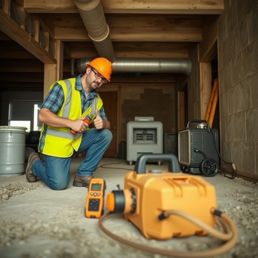 IICRC certified mold remediation technician performing air quality testing in a Kyle home, wearing protective gear.