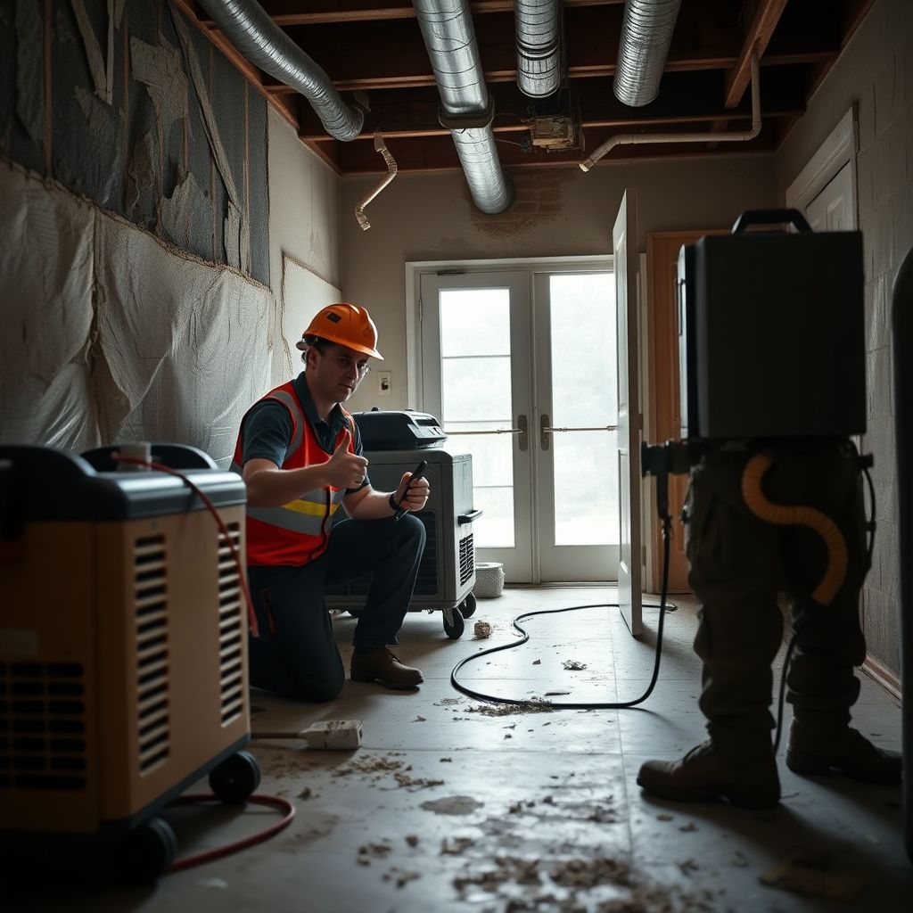 A certified mold remediation technician in full protective gear carefully removing mold-affected drywall in a Buda home.