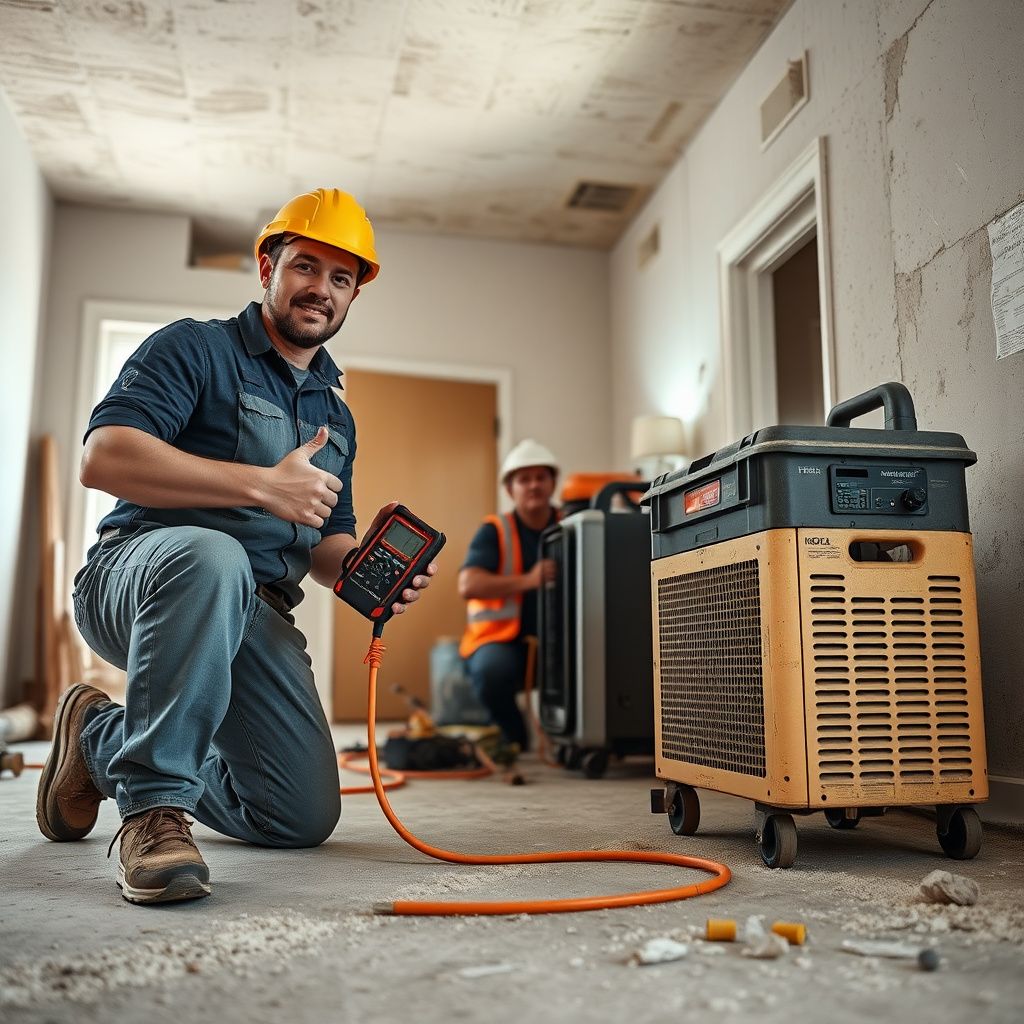 A certified mold remediation technician in Hutto, Texas, explaining the remediation process to a homeowner in a clean, well-lit living room.