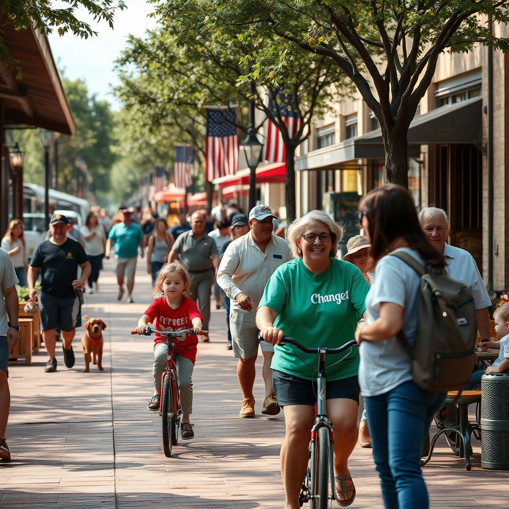 Historic buildings lining a tree-shaded street in downtown Bastrop, Texas, with people strolling on the sidewalks.