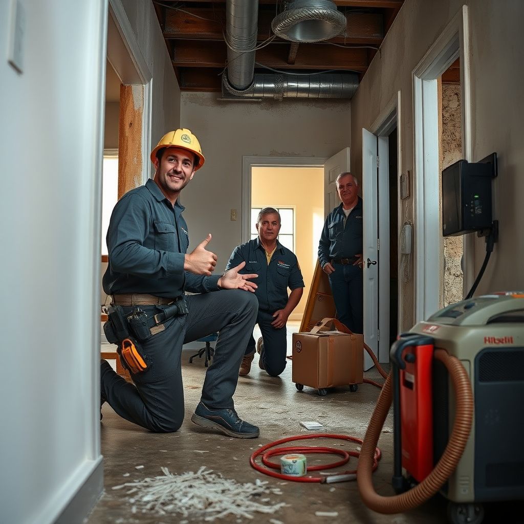 A homeowner shaking hands with a Stone Peak Mold Removal technician after a successful mold remediation project in a clean, restored Pflugerville kitchen.